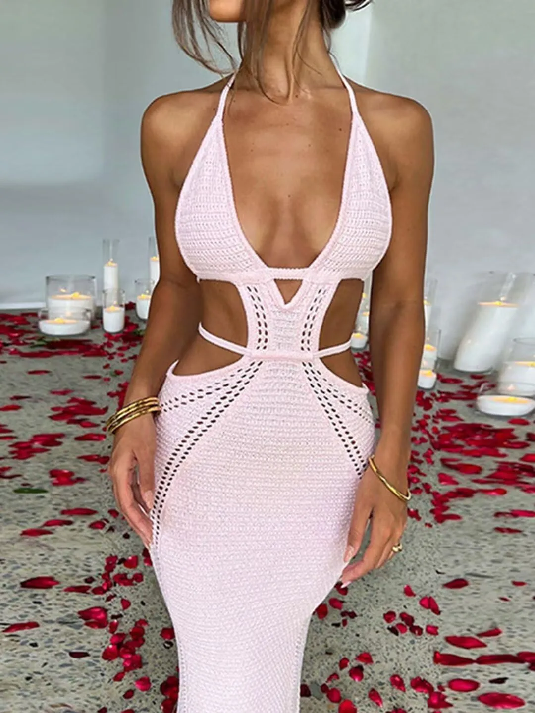 Ryehack Women's Halter Crochet Maxi Dress - Summer Sleeveless Backless V-Neck Hollow Out Beach Vacation Dress