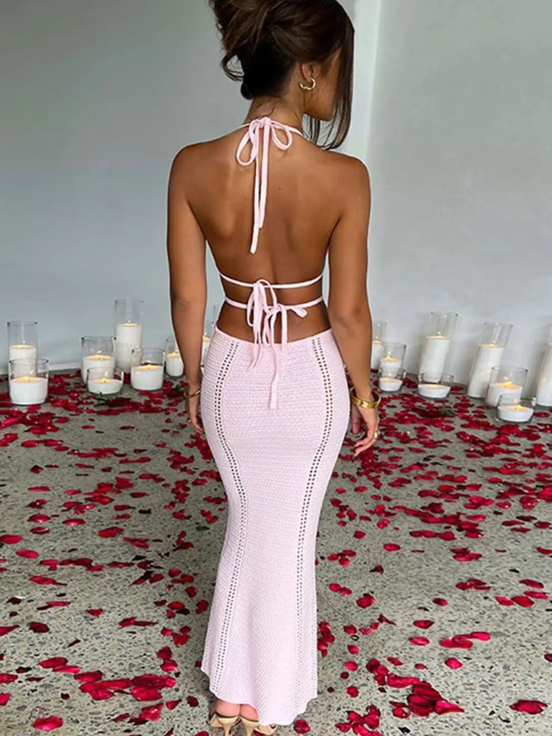 Ryehack Women's Halter Crochet Maxi Dress - Summer Sleeveless Backless V-Neck Hollow Out Beach Vacation Dress