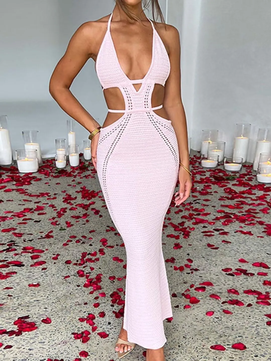 Ryehack Women's Halter Crochet Maxi Dress - Summer Sleeveless Backless V-Neck Hollow Out Beach Vacation Dress