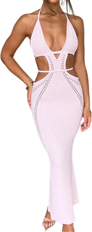Ryehack Women's Halter Crochet Maxi Dress - Summer Sleeveless Backless V-Neck Hollow Out Beach Vacation Dress