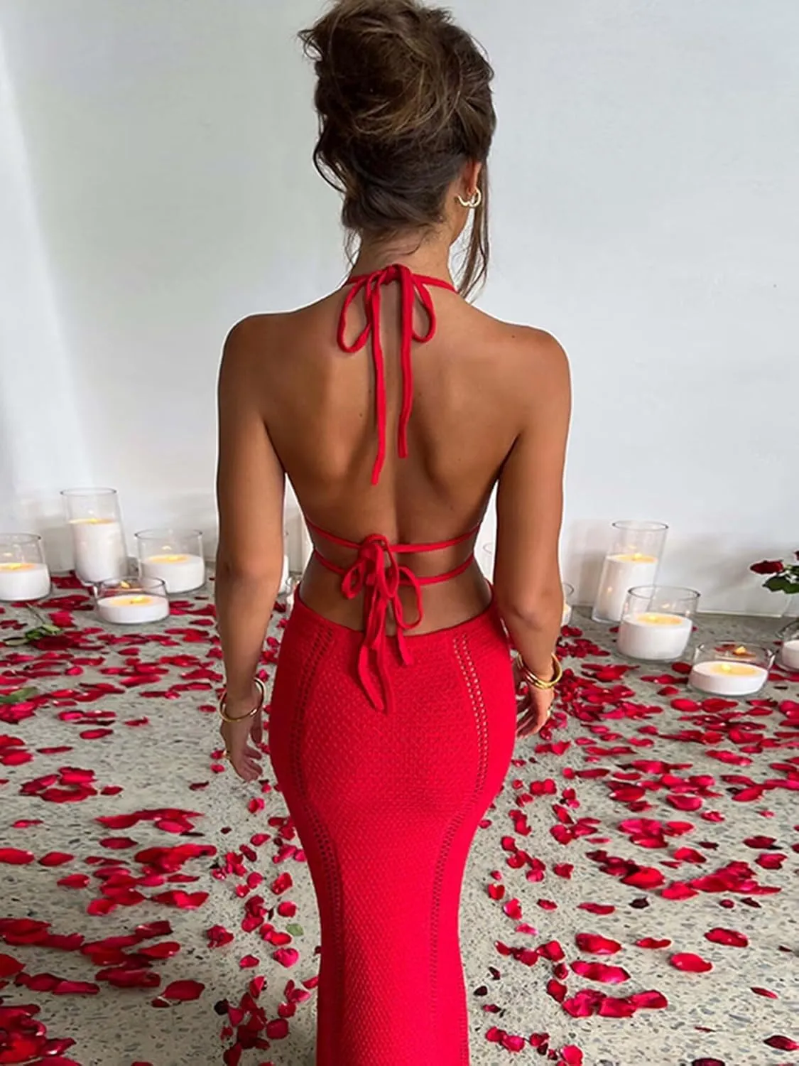 Ryehack Women's Halter Crochet Maxi Dress - Summer Sleeveless Backless V-Neck Hollow Out Beach Vacation Dress