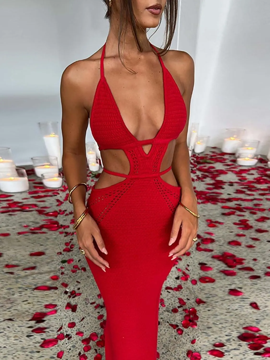 Ryehack Women's Halter Crochet Maxi Dress - Summer Sleeveless Backless V-Neck Hollow Out Beach Vacation Dress