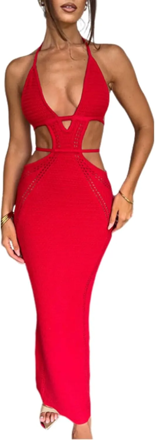 Ryehack Women's Halter Crochet Maxi Dress - Summer Sleeveless Backless V-Neck Hollow Out Beach Vacation Dress