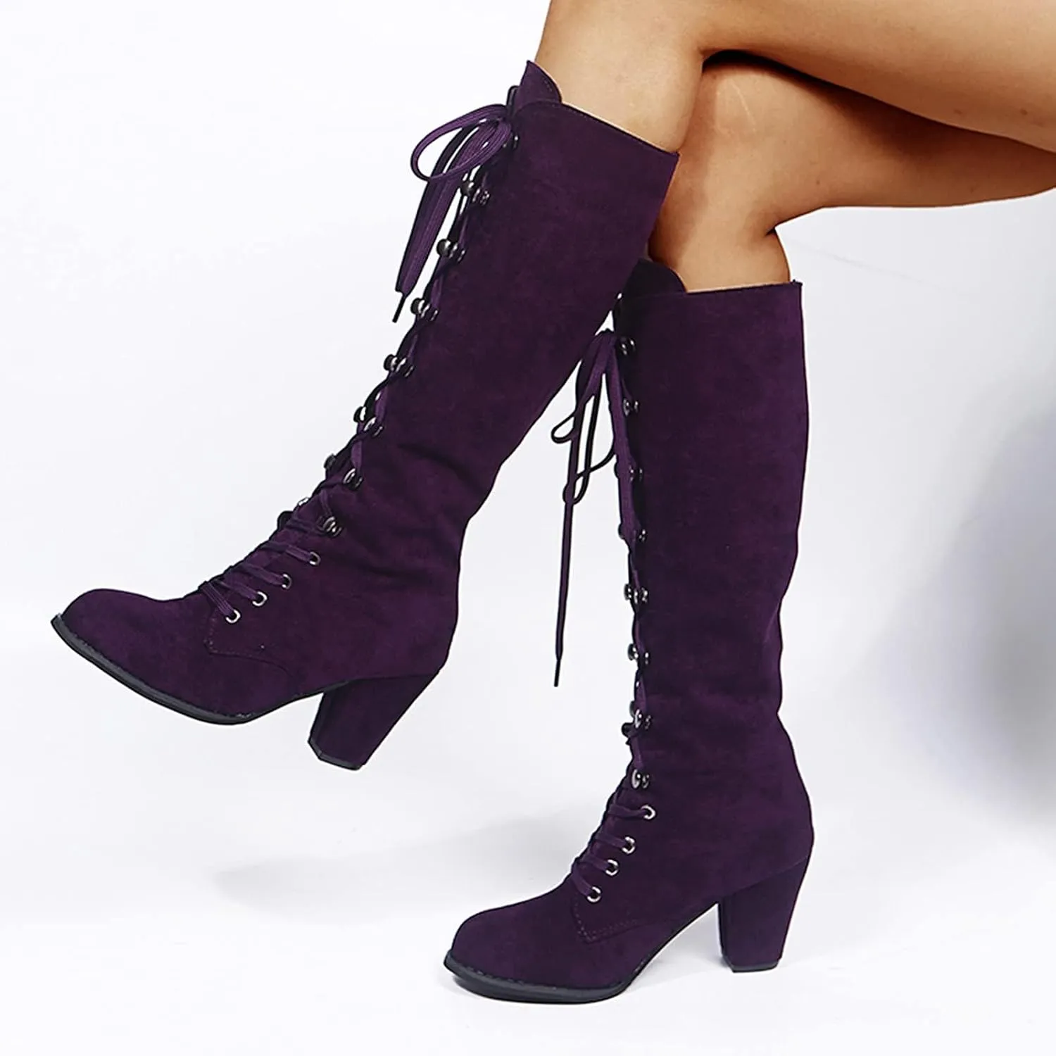 SACFOF Women's Suede Knee High Boot Ladies Lace up High Chunky Heeled Winter Boots Combat Riding Military Boots for Women