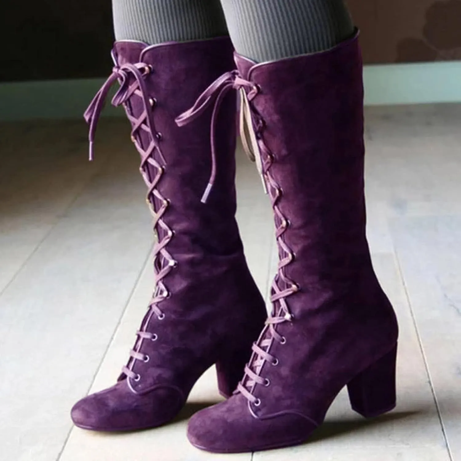 SACFOF Women's Suede Knee High Boot Ladies Lace up High Chunky Heeled Winter Boots Combat Riding Military Boots for Women