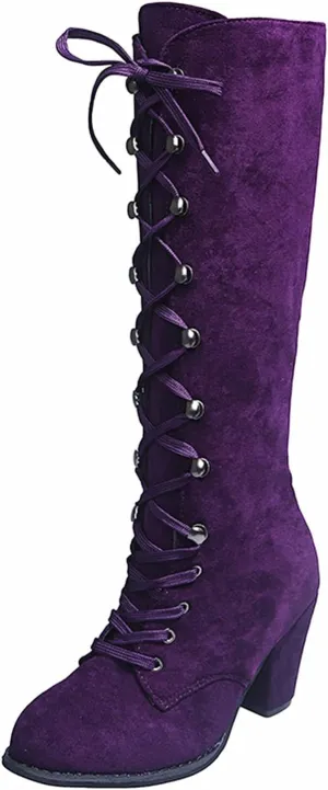SACFOF Women's Suede Knee High Boot Ladies Lace up High Chunky Heeled Winter Boots Combat Riding Military Boots for Women