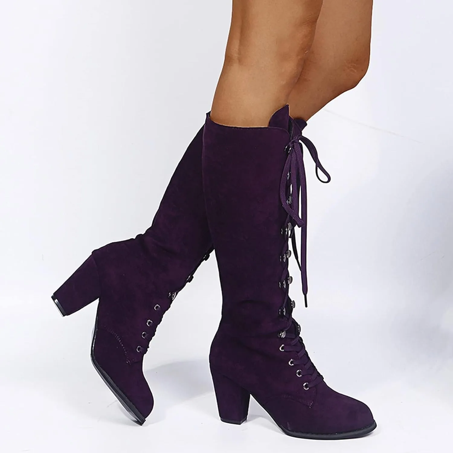 SACFOF Women's Suede Knee High Boot Ladies Lace up High Chunky Heeled Winter Boots Combat Riding Military Boots for Women