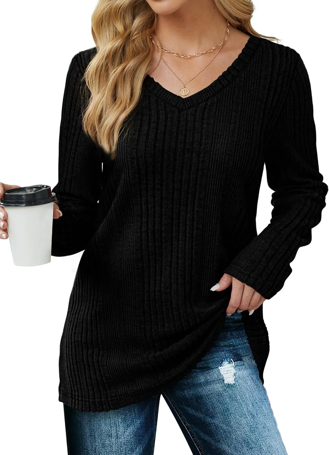 Saloogoe Womens Long Sleeve Tops V Neck Shirts Lightweight Tunic Sweaters Fashion 2024