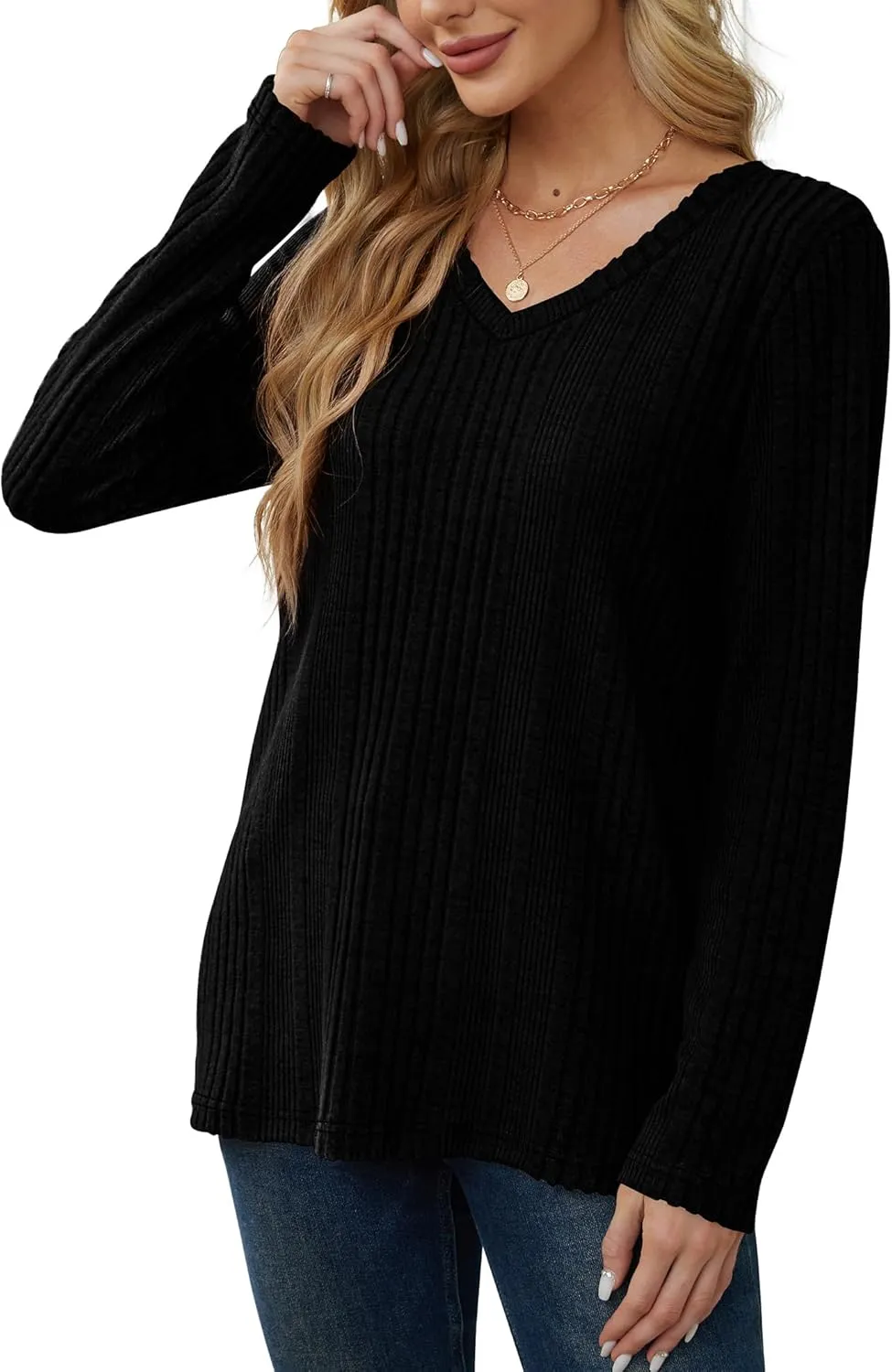 Saloogoe Womens Long Sleeve Tops V Neck Shirts Lightweight Tunic Sweaters Fashion 2024
