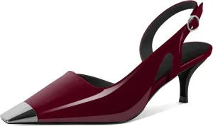 SAMMITOP Kitten Heel Slingback Pumps for Women Silver Cap Toe Low Heel Square Toe Heels Ankle Strap D’Orsay Pump Shoes Office Party Prom 2.4 in