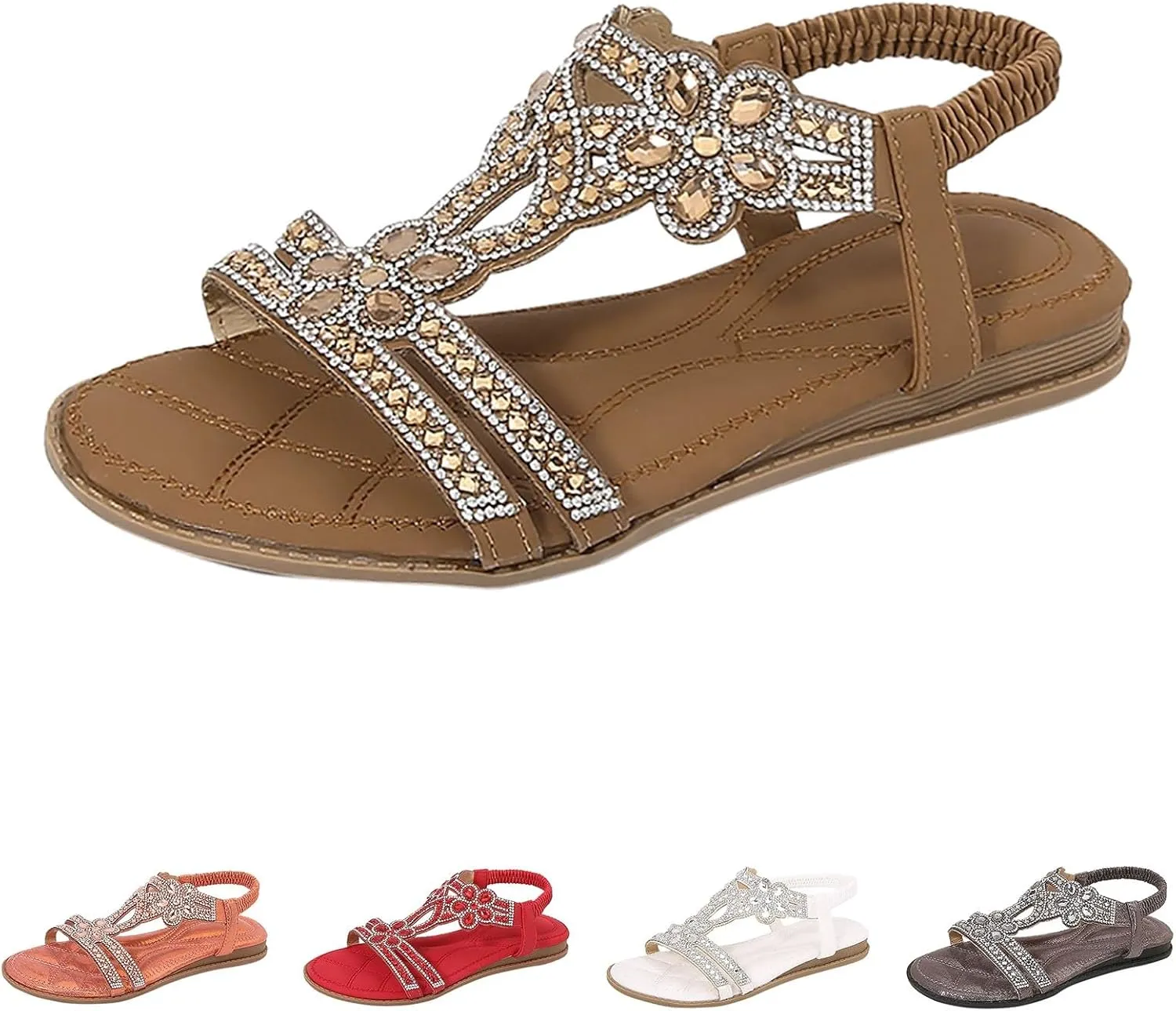 Sandals Women Summer Beach Boho Sandals 2025 Crystal Rhinestone Sandal Elastic Ankle Strap Vacation Shoes
