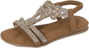 Sandals Women Summer Beach Boho Sandals 2025 Crystal Rhinestone Sandal Elastic Ankle Strap Vacation Shoes