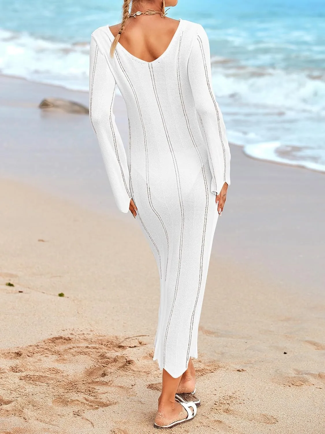 Saodimallsu Womens Crochet Maxi Dress Bell Long Sleeve Sexy V Neck Bodycon Backless Knit Dresses Beach Swim Cover Up