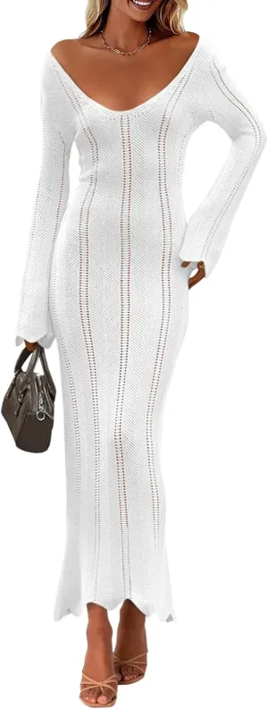 Saodimallsu Womens Crochet Maxi Dress Bell Long Sleeve Sexy V Neck Bodycon Backless Knit Dresses Beach Swim Cover Up