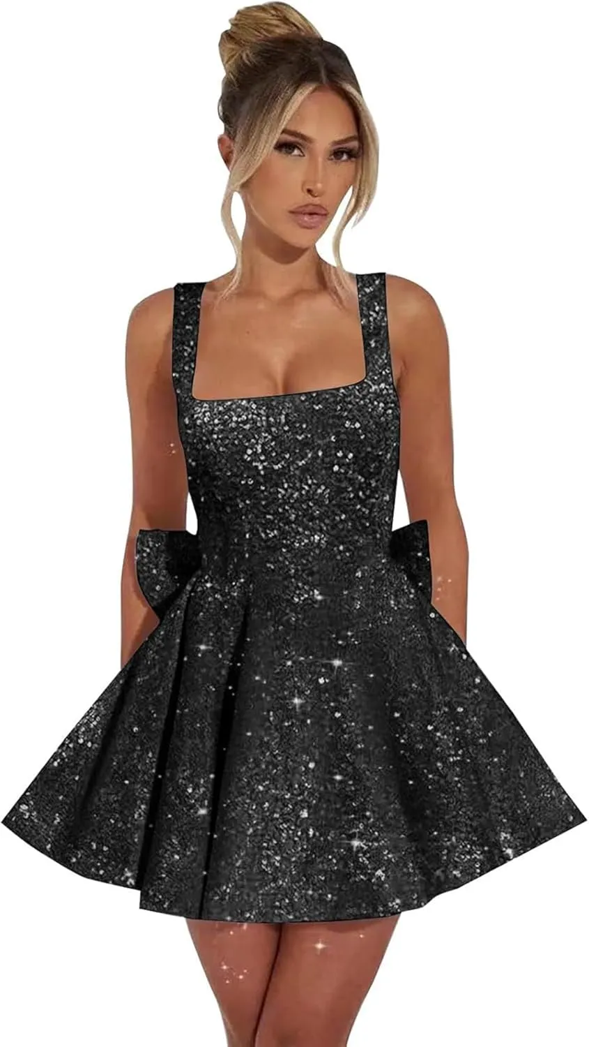 Sequin Homecoming Dresses for Teens 2025 - Short HOCO Dress with Bow Cocktail Party Gown Above Knee