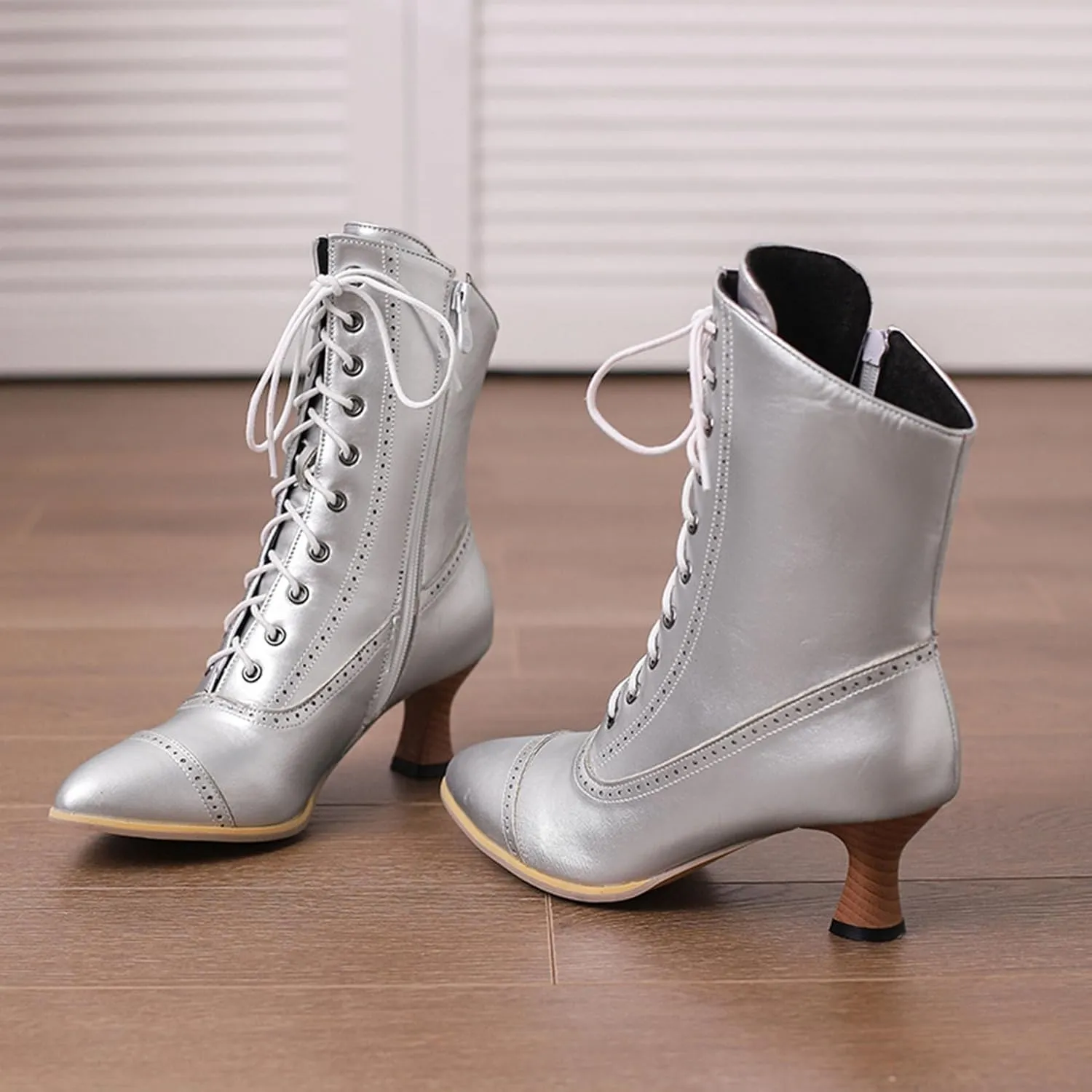 SHEMEE Kitten Heels Ankle Boots for Women Vintage Victorian Style Lace-Up Booties Mid Heels Zipper Shoes with Buckled
