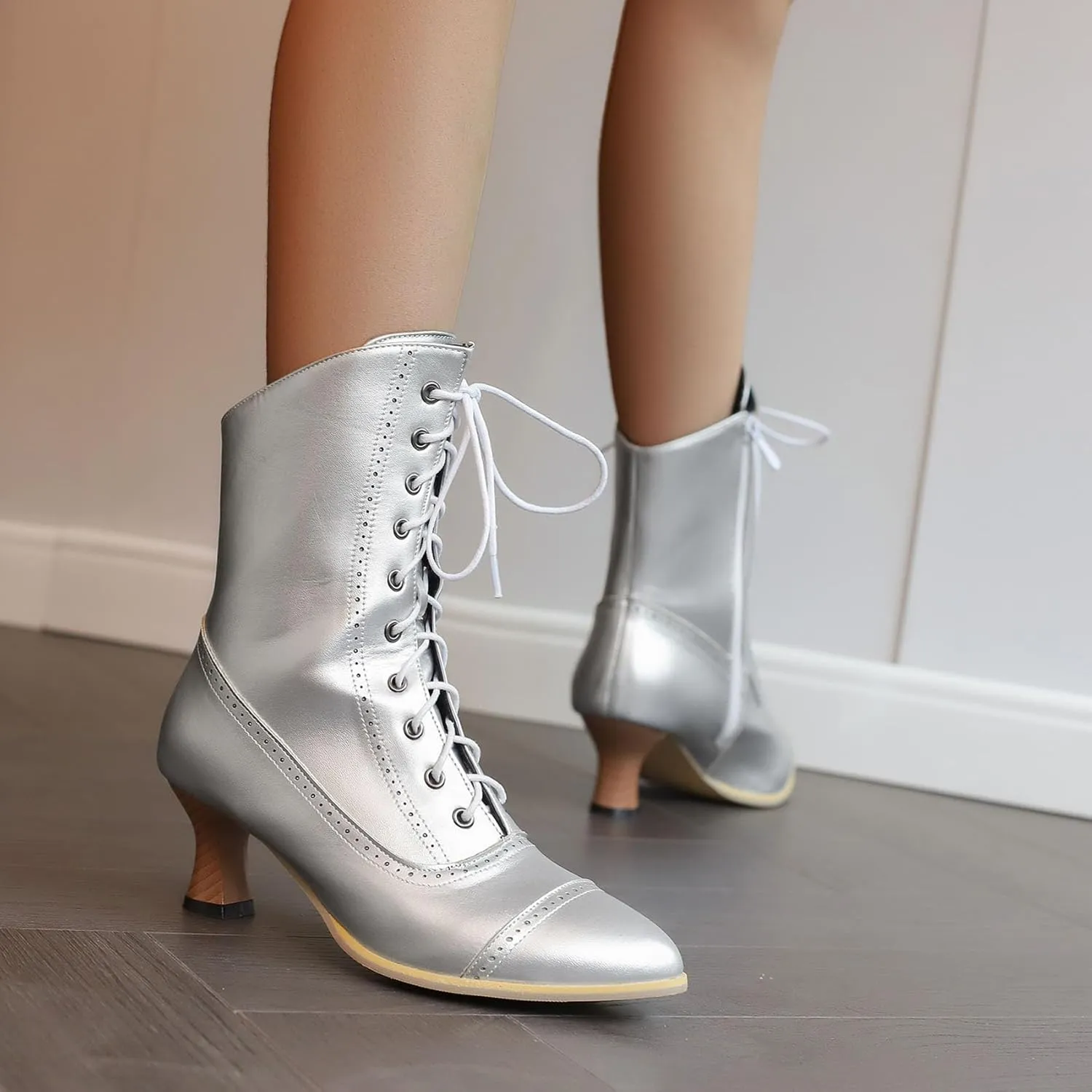 SHEMEE Kitten Heels Ankle Boots for Women Vintage Victorian Style Lace-Up Booties Mid Heels Zipper Shoes with Buckled