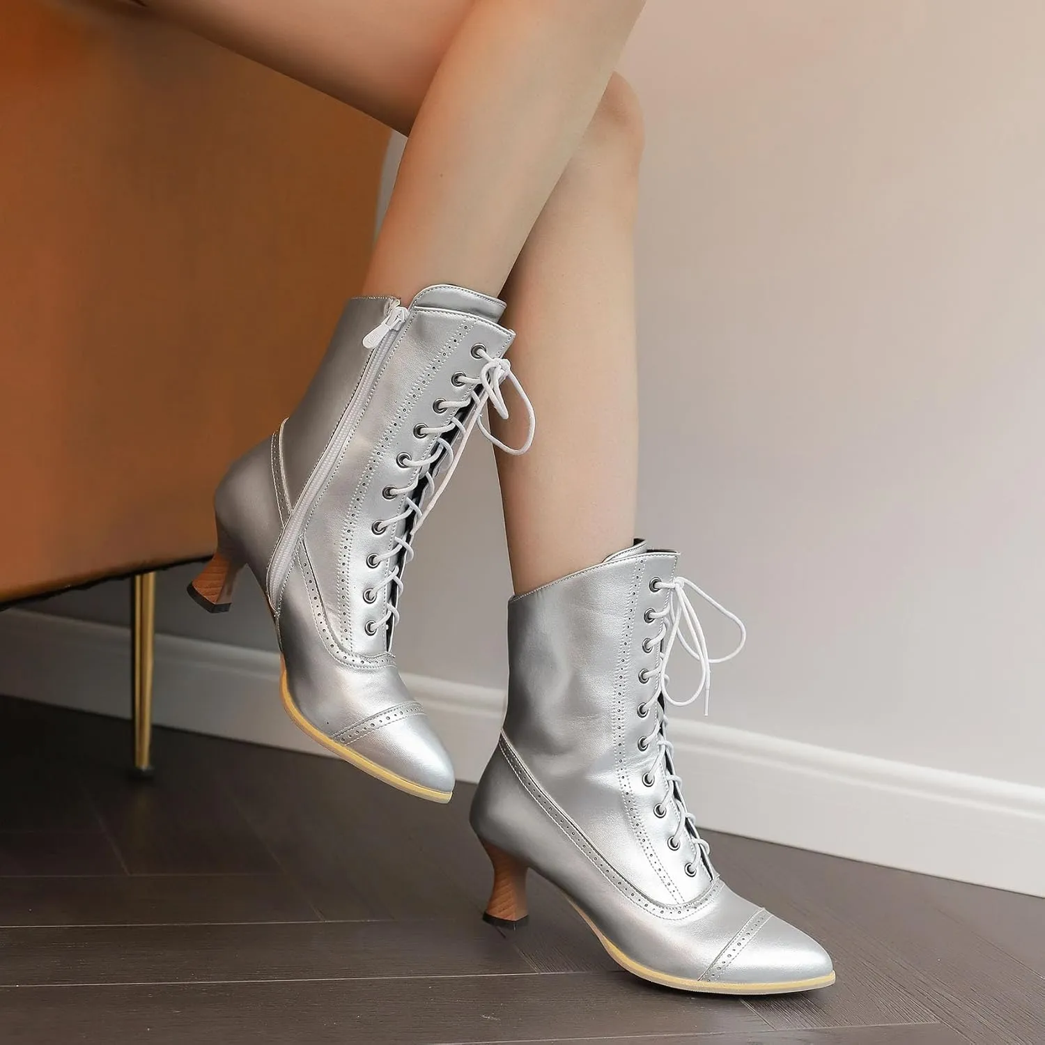 SHEMEE Kitten Heels Ankle Boots for Women Vintage Victorian Style Lace-Up Booties Mid Heels Zipper Shoes with Buckled