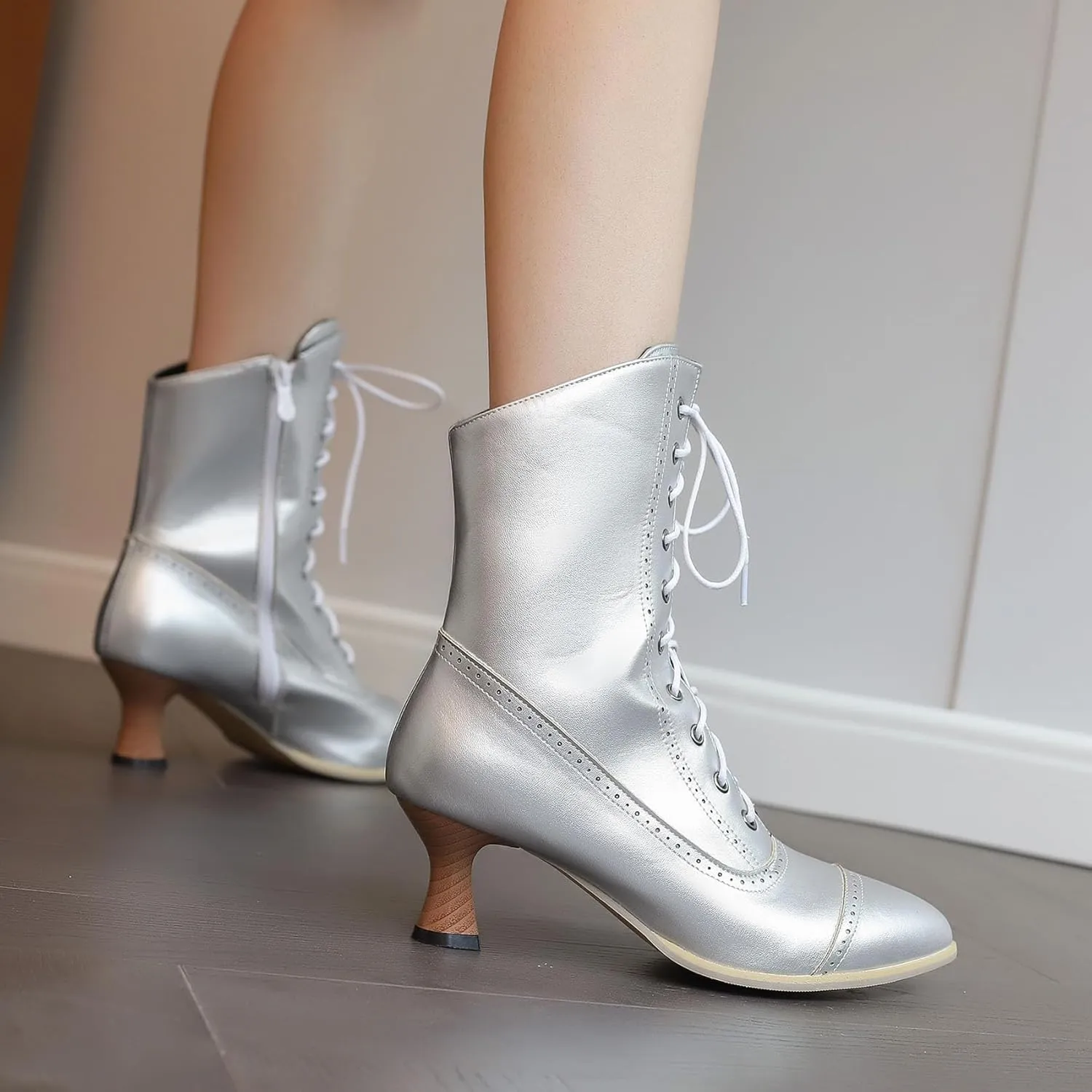SHEMEE Kitten Heels Ankle Boots for Women Vintage Victorian Style Lace-Up Booties Mid Heels Zipper Shoes with Buckled