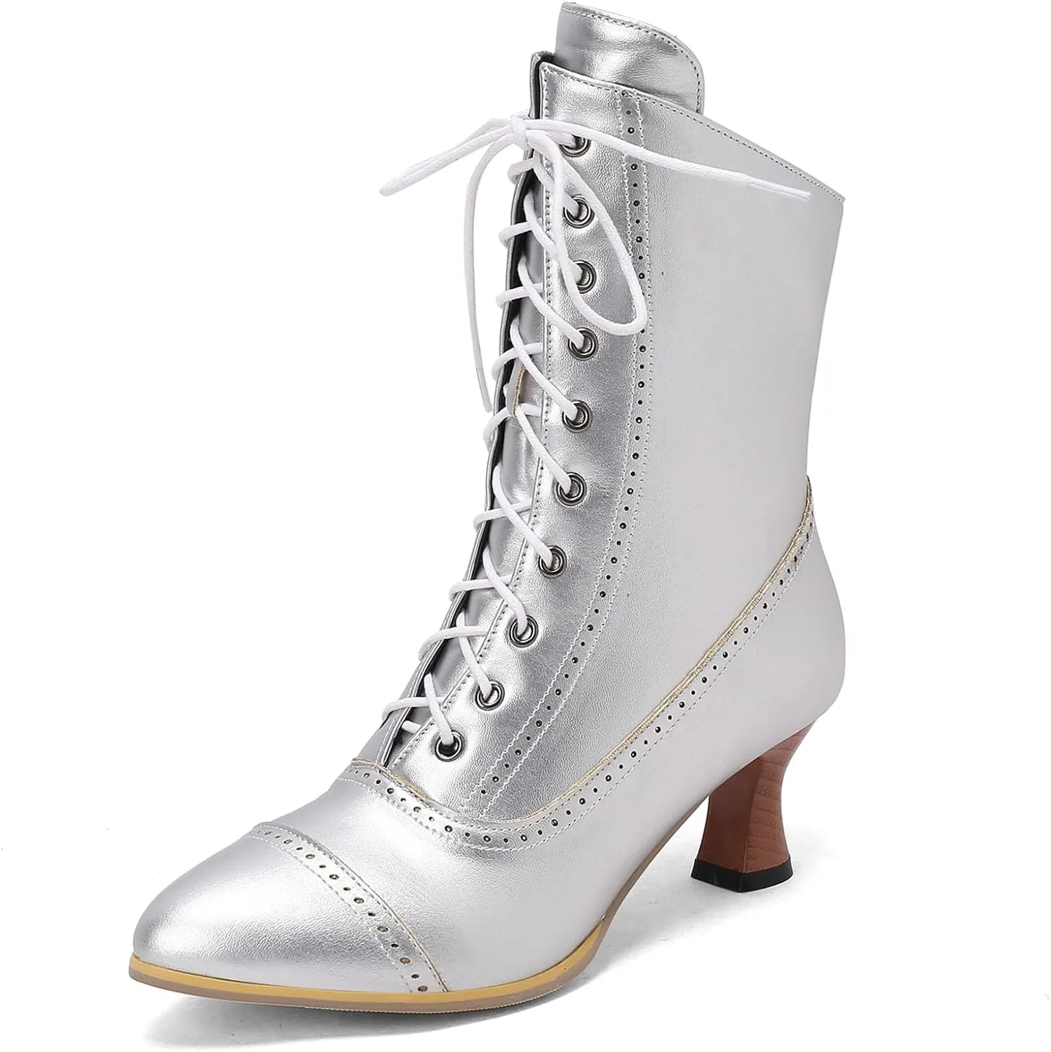 SHEMEE Kitten Heels Ankle Boots for Women Vintage Victorian Style Lace-Up Booties Mid Heels Zipper Shoes with Buckled