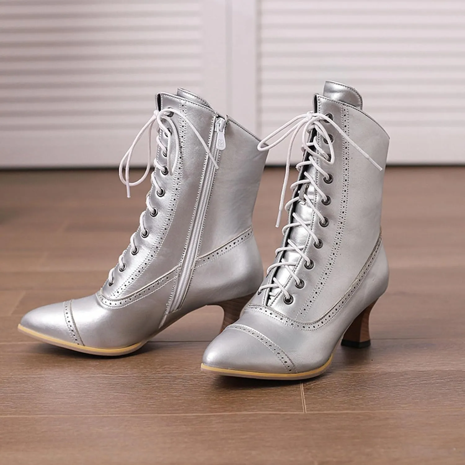 SHEMEE Kitten Heels Ankle Boots for Women Vintage Victorian Style Lace-Up Booties Mid Heels Zipper Shoes with Buckled