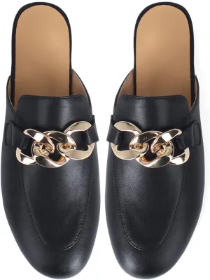 SHEMEE Women's Genuine Leather Backless Mules Slides Shoes Flats Low Heel Loafers Round Closed Toe Slingback Slippers with Chains