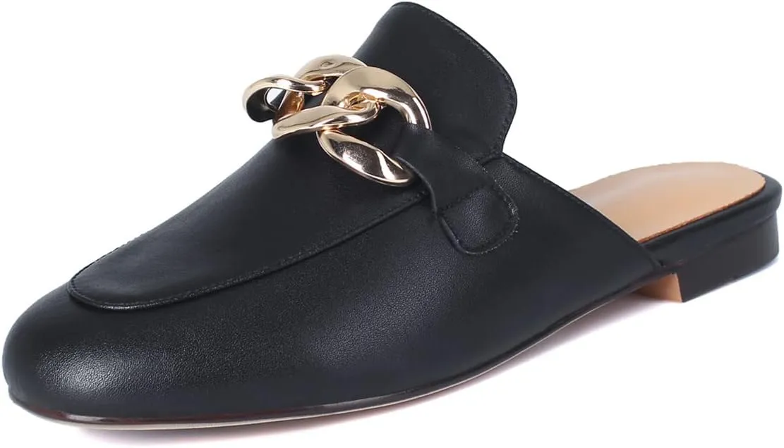 SHEMEE Women's Genuine Leather Backless Mules Slides Shoes Flats Low Heel Loafers Round Closed Toe Slingback Slippers with Chains