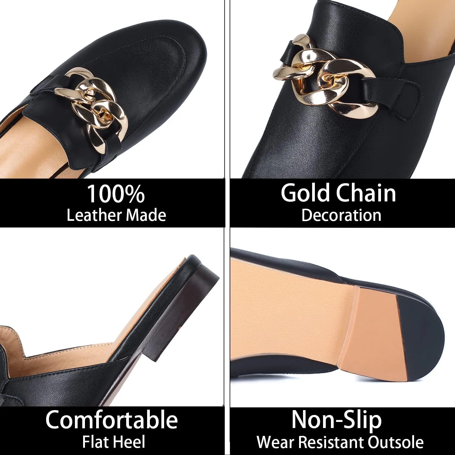 SHEMEE Women's Genuine Leather Backless Mules Slides Shoes Flats Low Heel Loafers Round Closed Toe Slingback Slippers with Chains