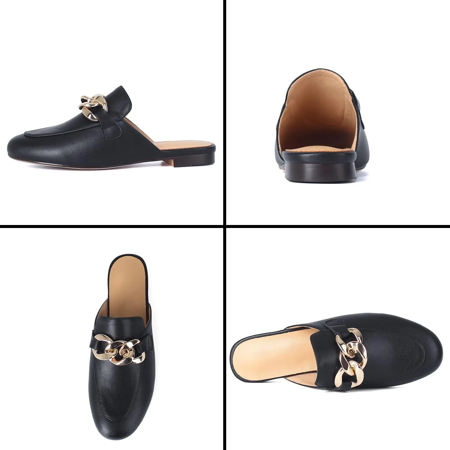 SHEMEE Women's Genuine Leather Backless Mules Slides Shoes Flats Low Heel Loafers Round Closed Toe Slingback Slippers with Chains