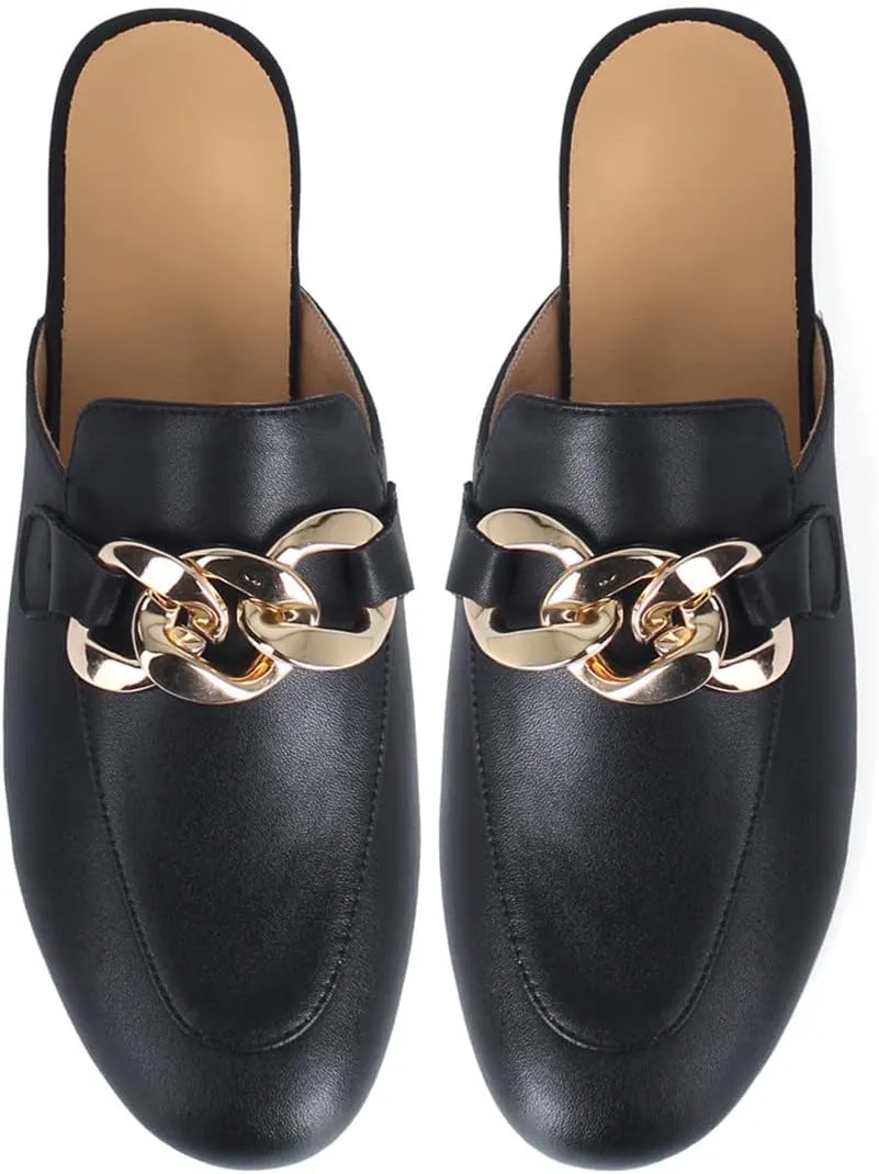 SHEMEE Women's Genuine Leather Backless Mules Slides Shoes Flats Low Heel Loafers Round Closed Toe Slingback Slippers with Chains