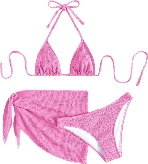 SHENHE Women's 3 Piece Textured High Cut Halter Triangle Bikini Swimsuit with Cover Up