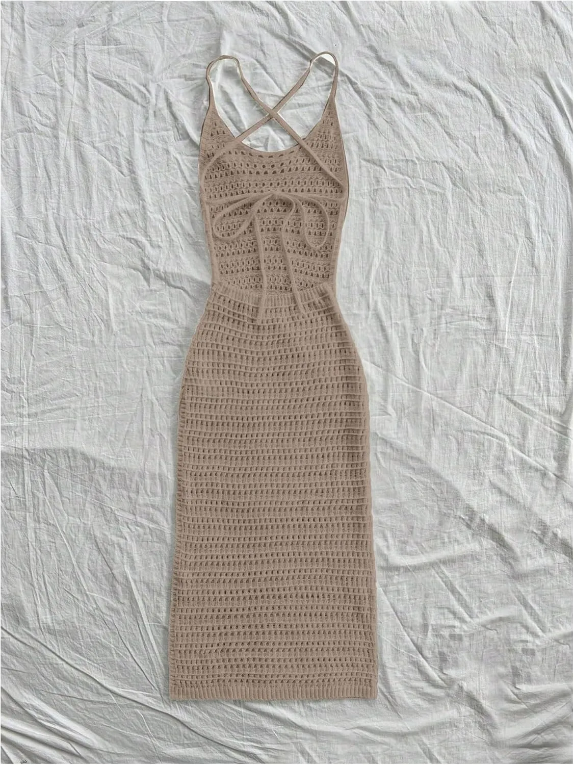 SHENHE Women's Crochet Knit Maxi Dress High Slit Backless Hollow Out Sleeveless Dress