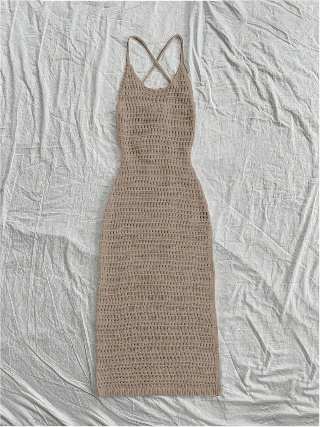 SHENHE Women's Crochet Knit Maxi Dress High Slit Backless Hollow Out Sleeveless Dress
