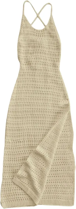 SHENHE Women's Crochet Knit Maxi Dress High Slit Backless Hollow Out Sleeveless Dress