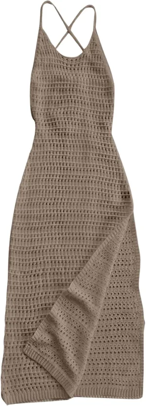 SHENHE Women's Crochet Knit Maxi Dress High Slit Backless Hollow Out Sleeveless Dress