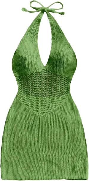 SHENHE Women's Halter Neck Knitted Bodycon Mini Dress Tie Backless Sexy Summer Dress