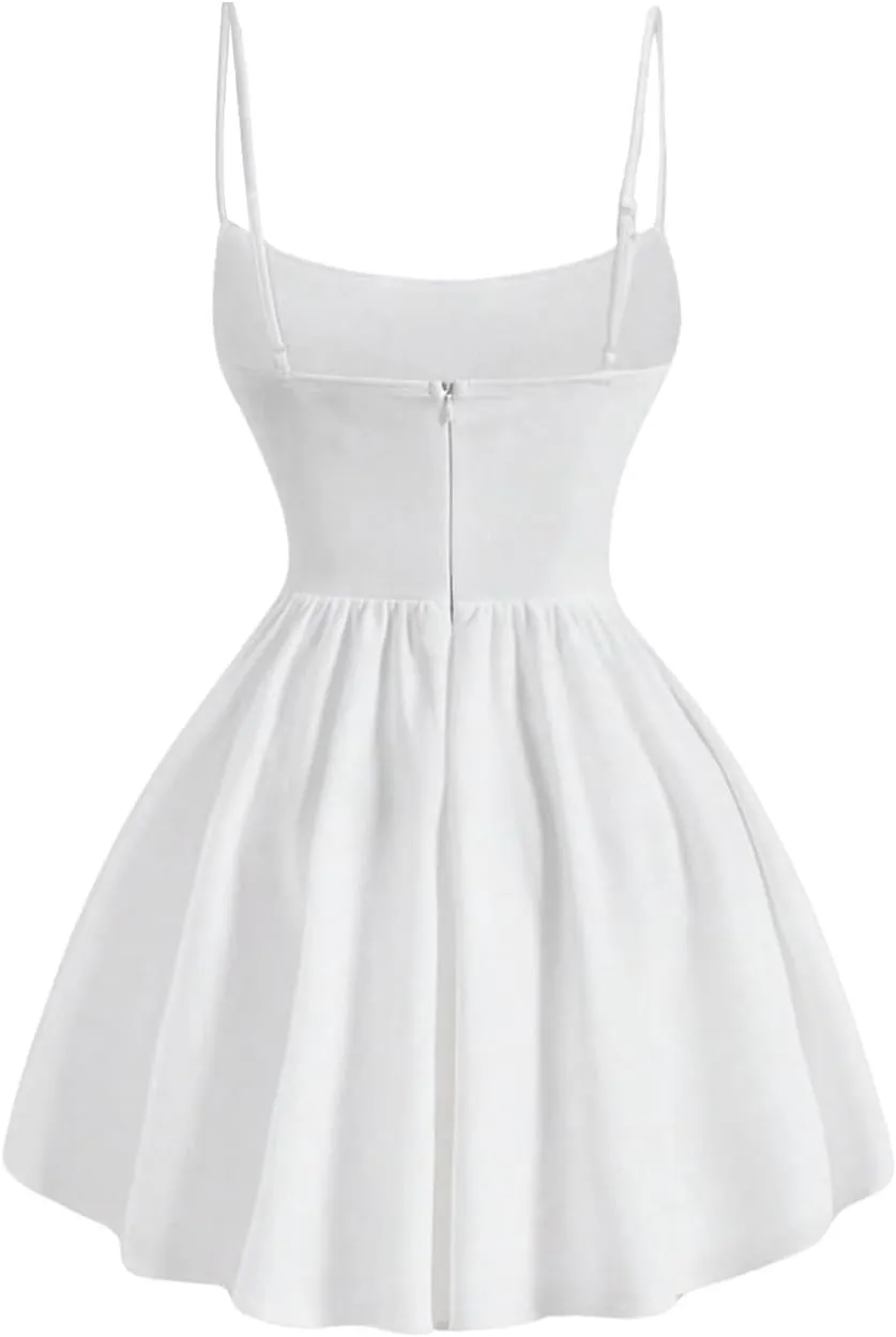 SHENHE Women's Ruched Corset Dress Spaghetti Strap Fit and Flare Flowy Skater Mini Cami Dress