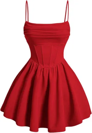 SHENHE Women's Ruched Corset Dress Spaghetti Strap Fit and Flare Flowy Skater Mini Cami Dress