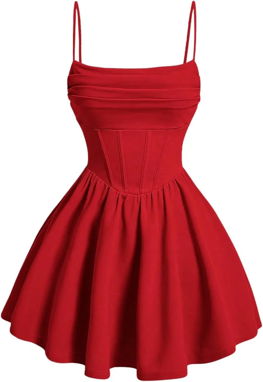 SHENHE Women's Ruched Corset Dress Spaghetti Strap Fit and Flare Flowy Skater Mini Cami Dress