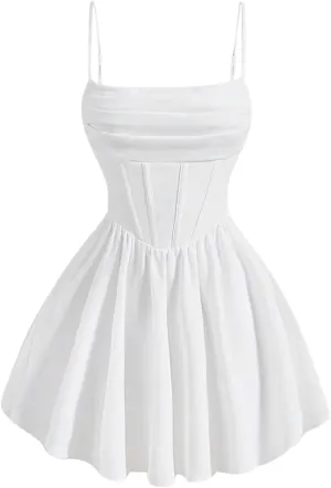 SHENHE Women's Ruched Corset Dress Spaghetti Strap Fit and Flare Flowy Skater Mini Cami Dress