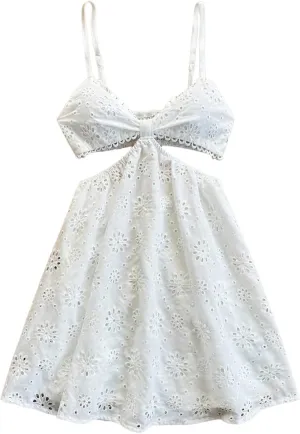 SHENHE Women's Summer Eyelet Open Back Cami Dress Cut Out V Smocked Neck Flowy Boho Vacation Sundress