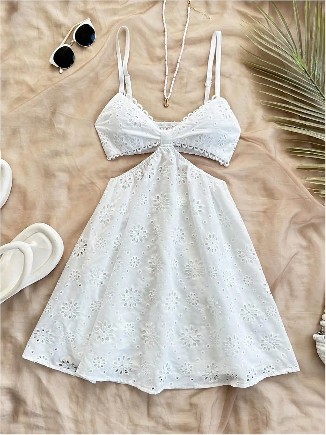 SHENHE Women's Summer Eyelet Open Back Cami Dress Cut Out V Smocked Neck Flowy Boho Vacation Sundress