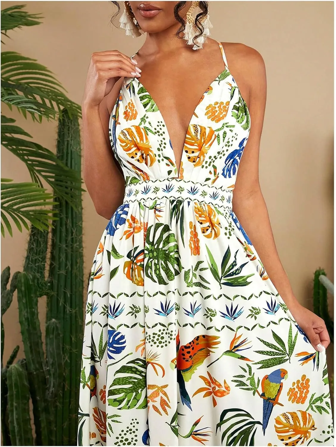 SHENHE Women's Summer Tropical Sundress Deep V Neck Criss Cross Backless Flowy Maxi Dress