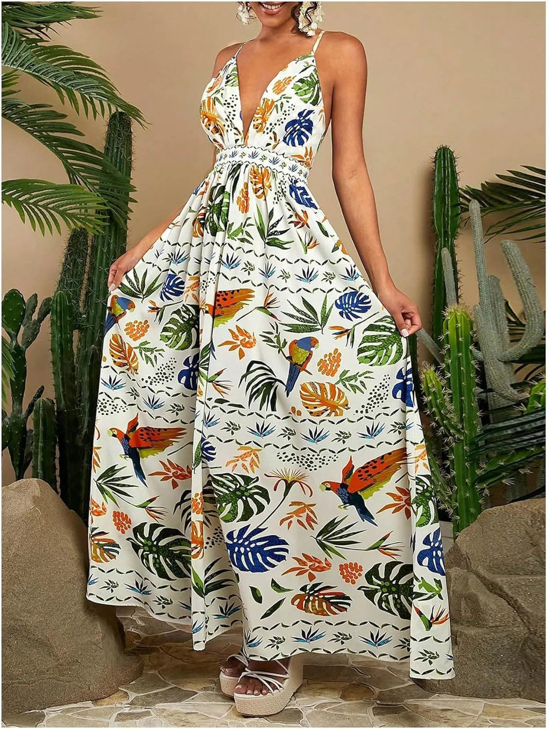 SHENHE Women's Summer Tropical Sundress Deep V Neck Criss Cross Backless Flowy Maxi Dress