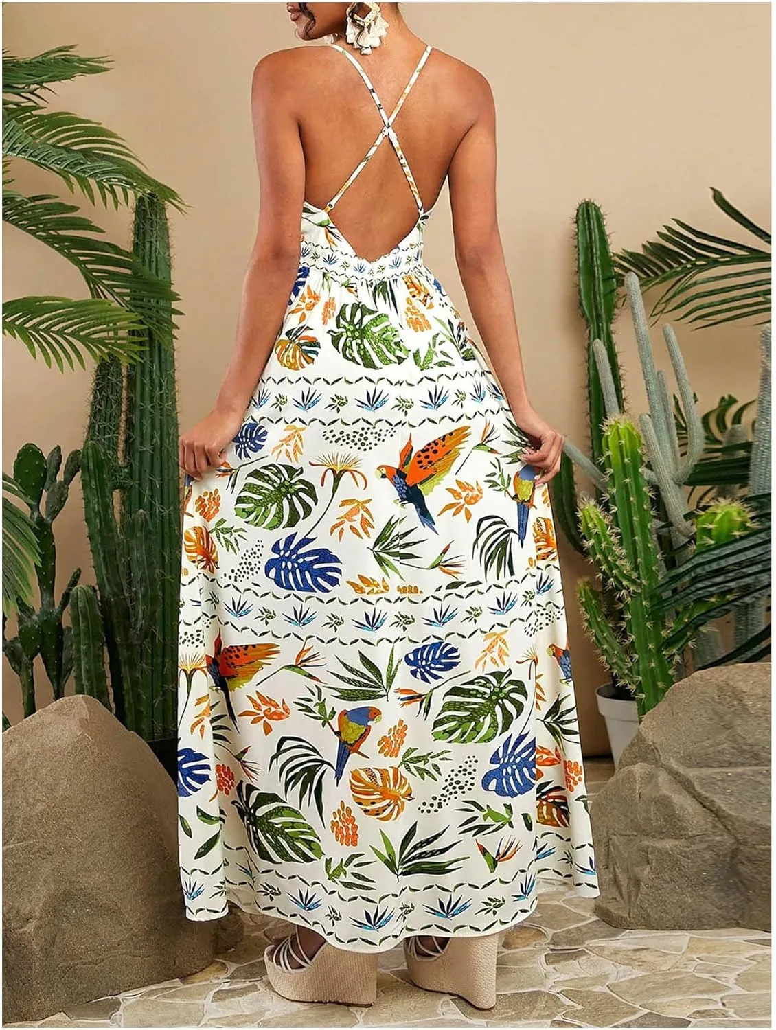 SHENHE Women's Summer Tropical Sundress Deep V Neck Criss Cross Backless Flowy Maxi Dress