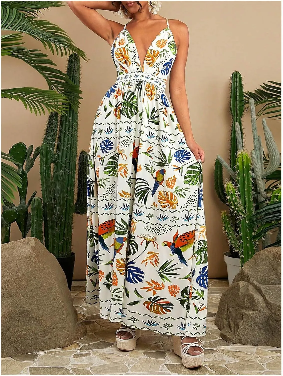 SHENHE Women's Summer Tropical Sundress Deep V Neck Criss Cross Backless Flowy Maxi Dress