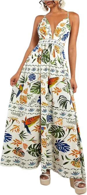 SHENHE Women's Summer Tropical Sundress Deep V Neck Criss Cross Backless Flowy Maxi Dress