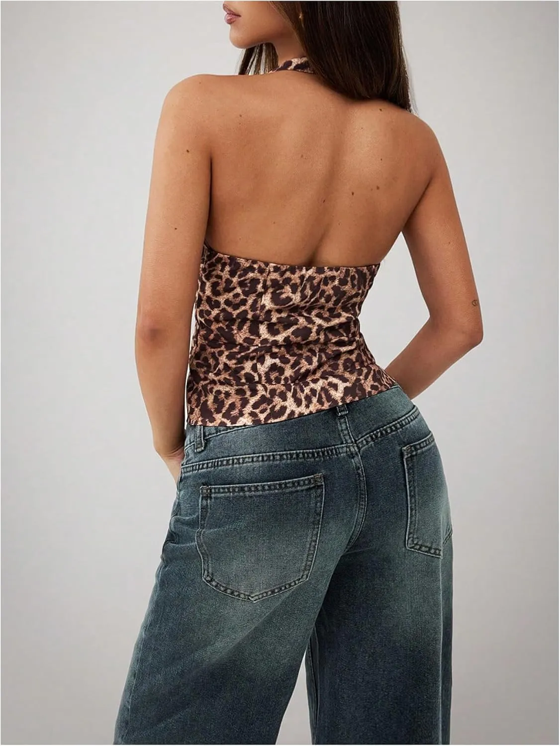 SHENHE Women's Y2K Leopard Print Halter Bustier Corset Deep V Backless Sexy Crop Top