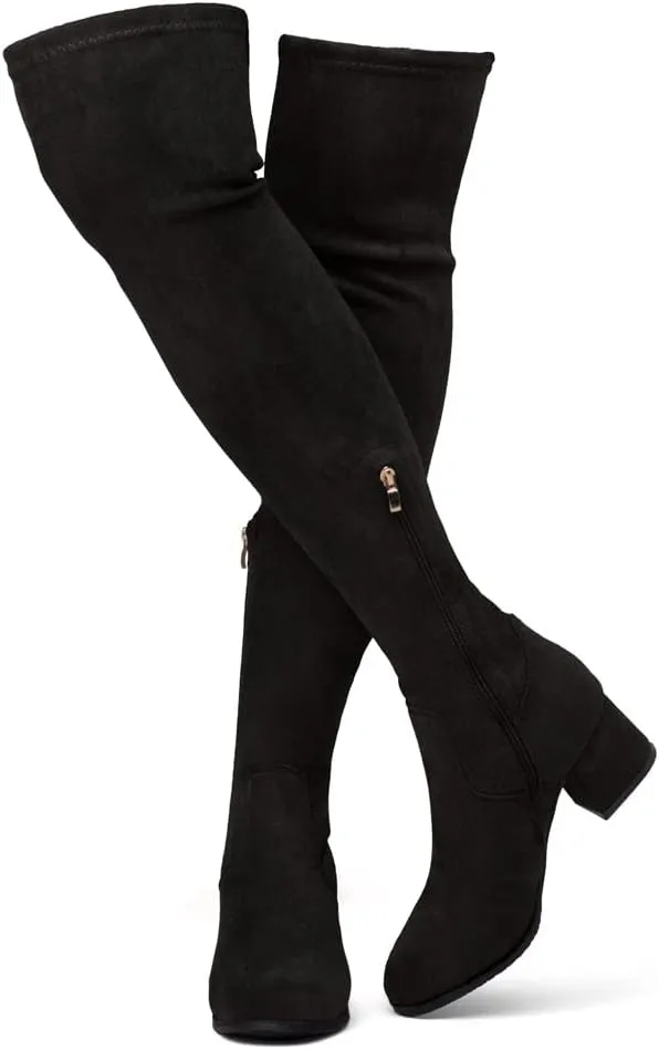Shoe Land CARAA Womens Over the Knee Thigh High Boots Low Block Chunky Heel Long Stretch Fall Dress Boots