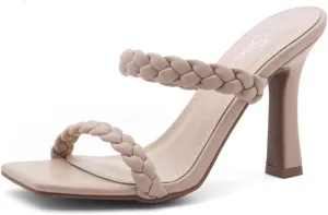 Shoe Land SL-Miley Women's Square Open Toe Heeled Mules Double Braided Strap Slide Sandals